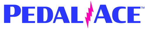 Logo of PEDAL ACE with blue and pink colors on a white background