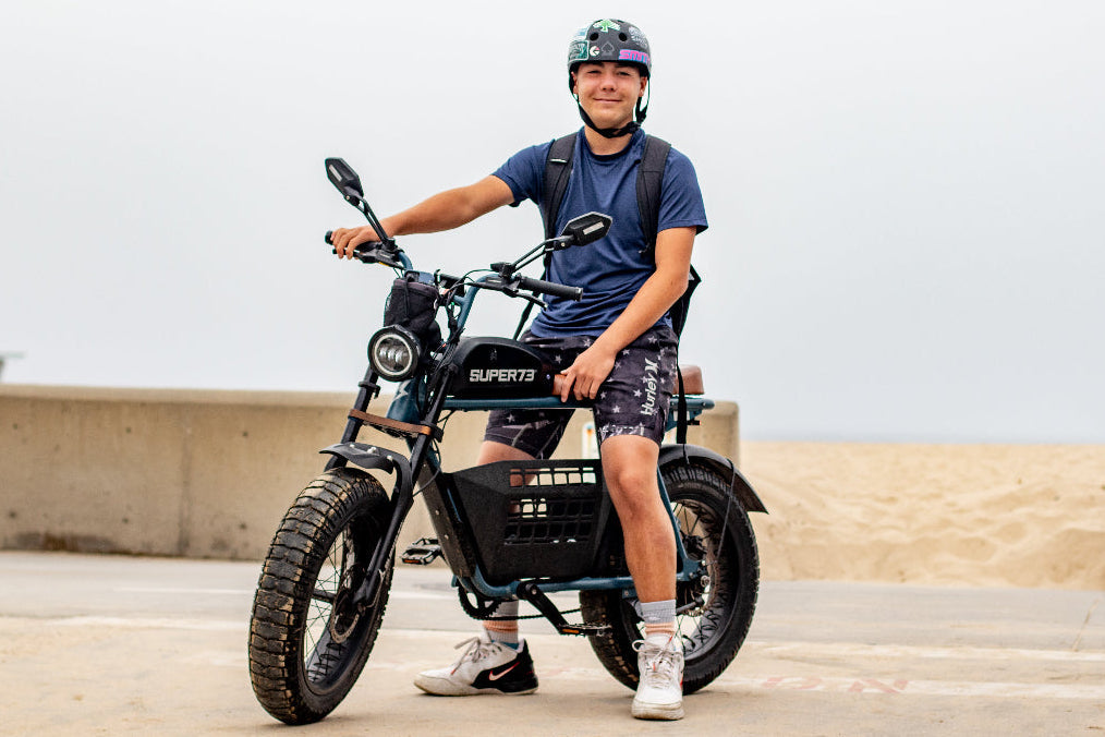 SUPER73 e-bike with safety features headlamp, rear view mirrors, taillights, horn