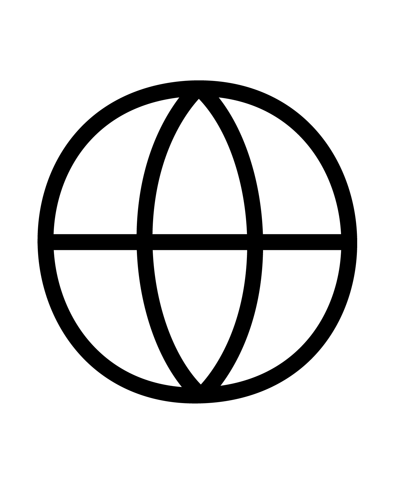Black symbol resembling a globe with intersecting lines on a white background