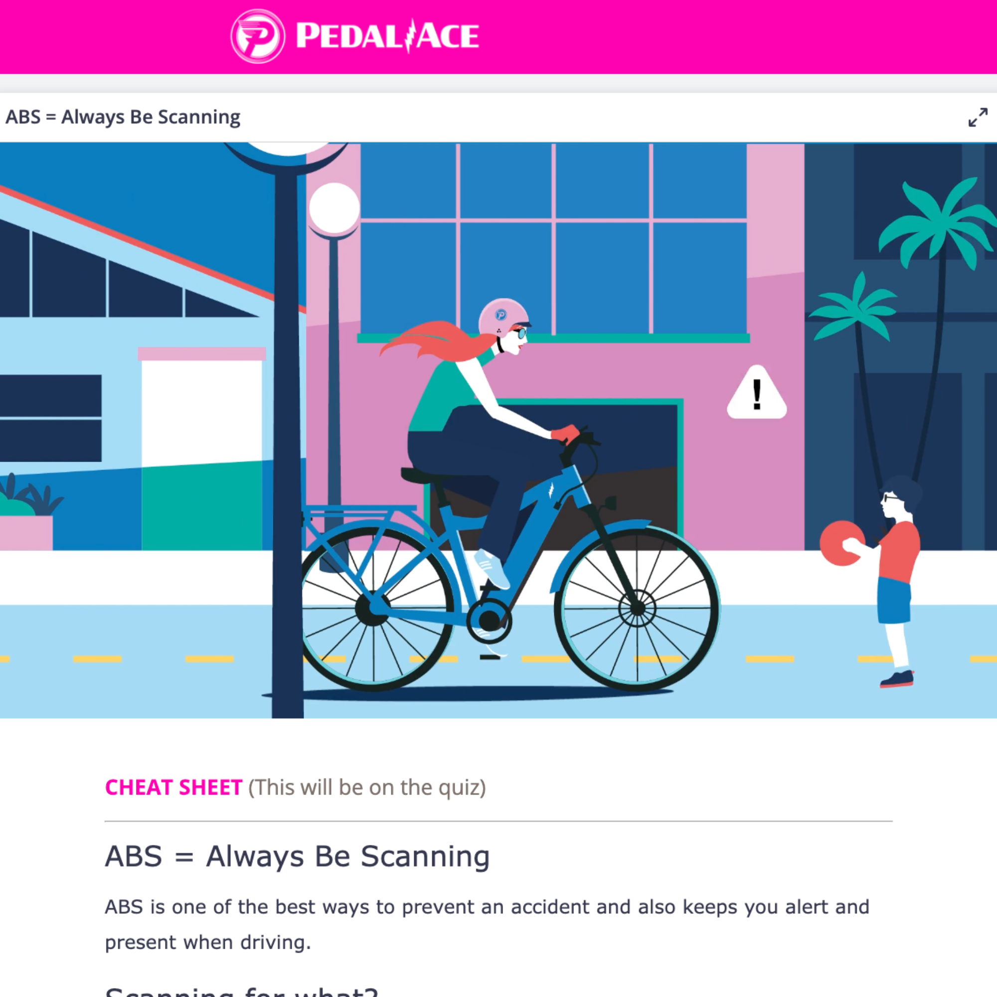 Educational software interface with a character on a ebike and text about Always Be Scanning
