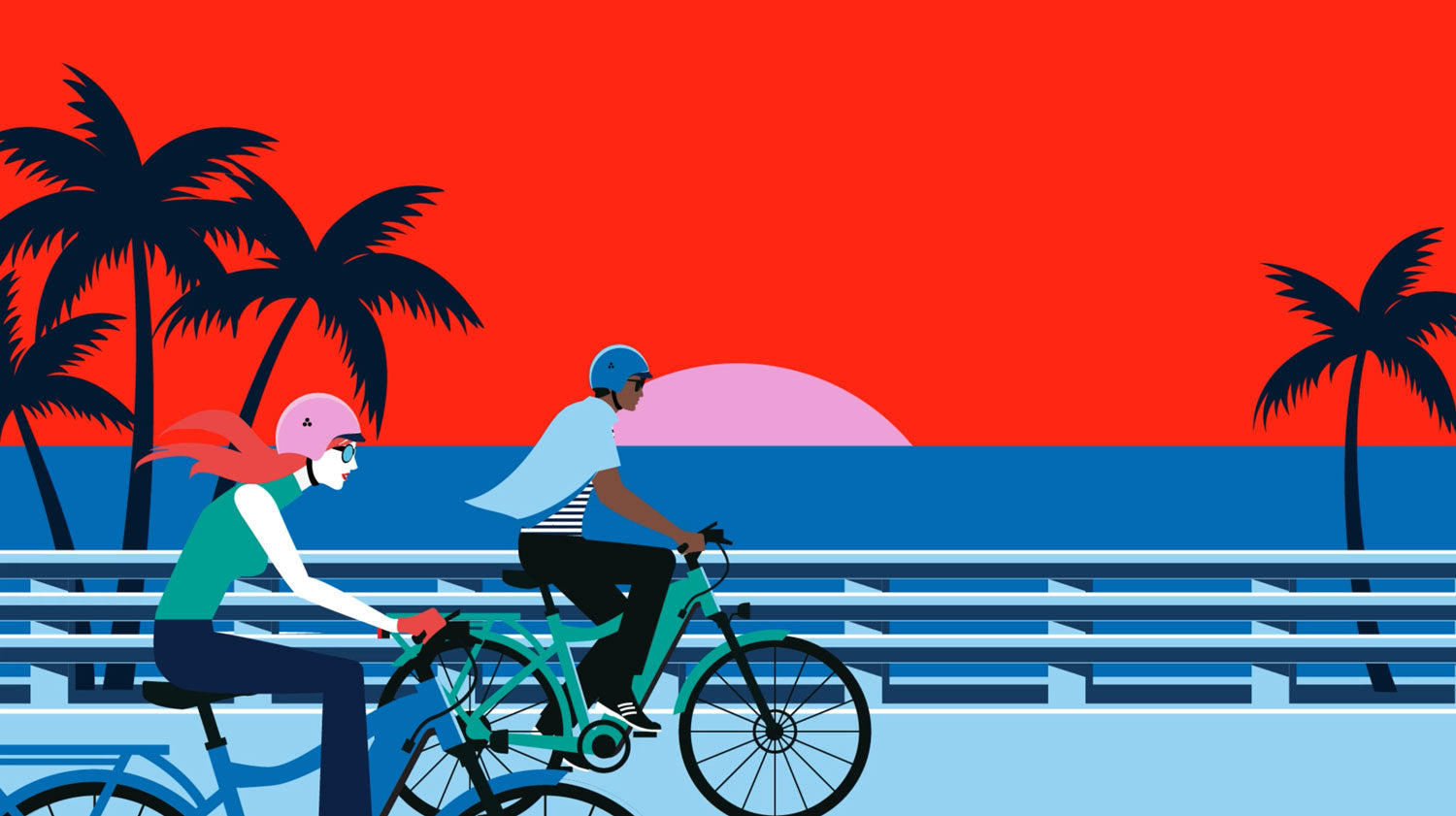 Illustration of two people riding bicycles by a beach with palm trees and a red sky.